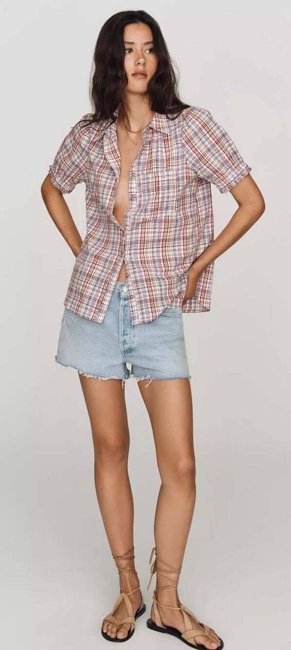 Pilcro Aly Puff-Sleeve Plaid Blouse Size Large NWT